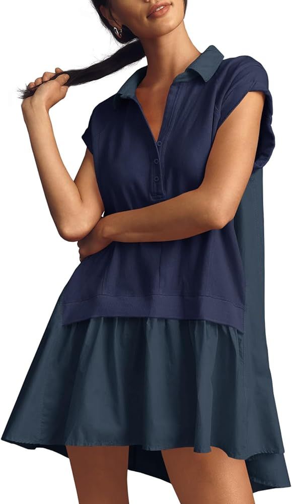 Fisoew Womens Summer Sweatshirt Dresses Short Sleeve V Neck Casual Oversized Patchwork Mini Dress | Amazon (US)