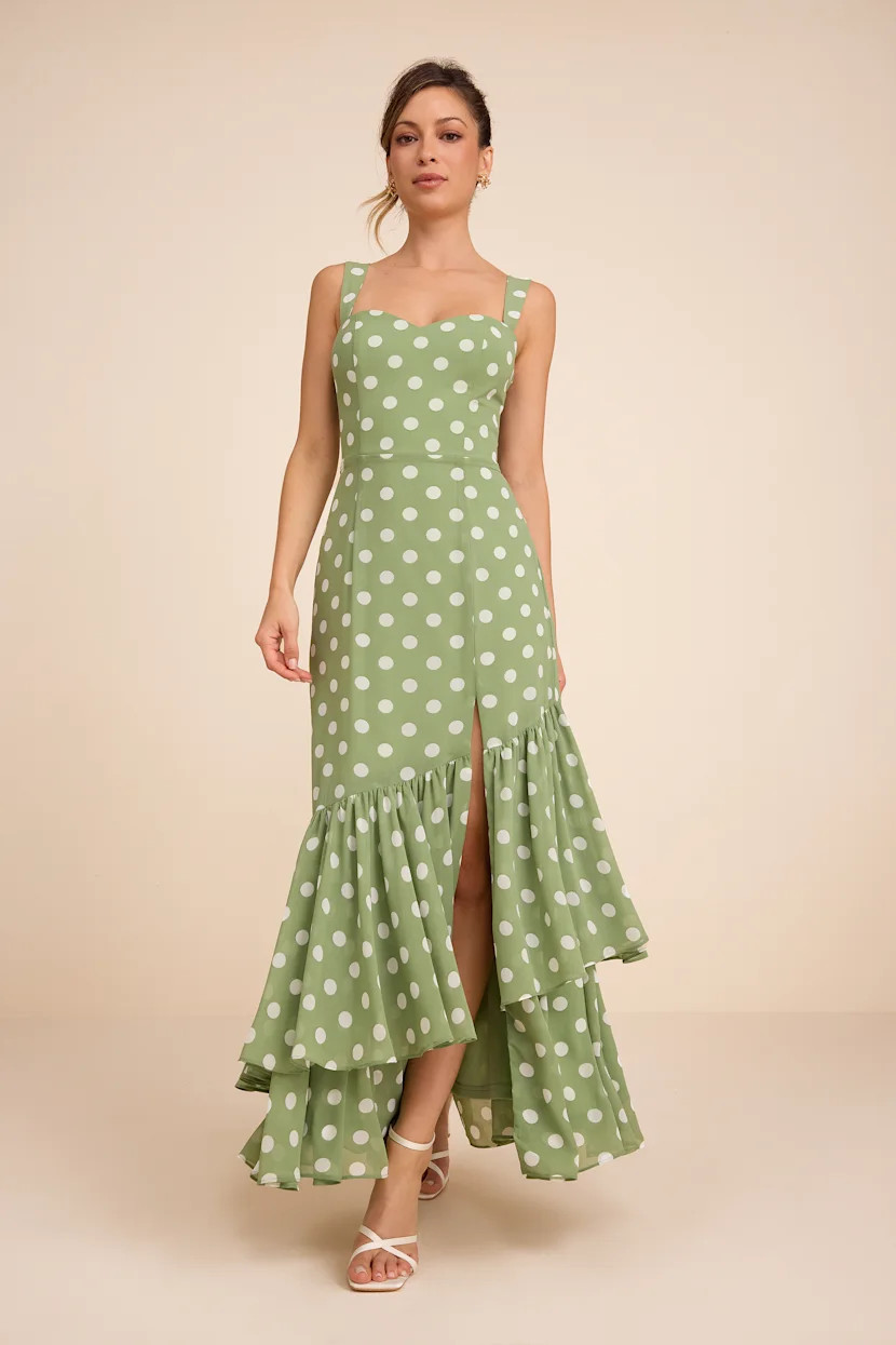 Raynelle Light Green Polka Dot Lace-Up Tiered Maxi Dress | Lulus