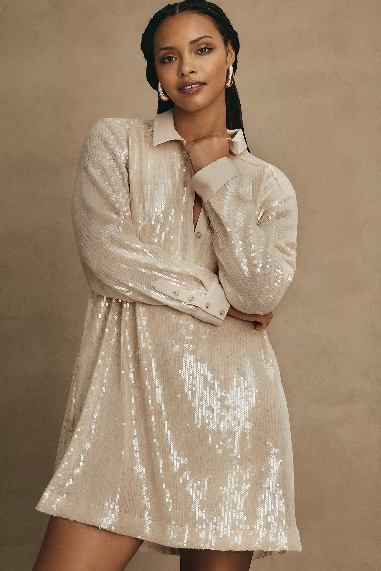 Pilcro Long-Sleeve Sequin Mini Shirt Dress | Anthropologie (US)