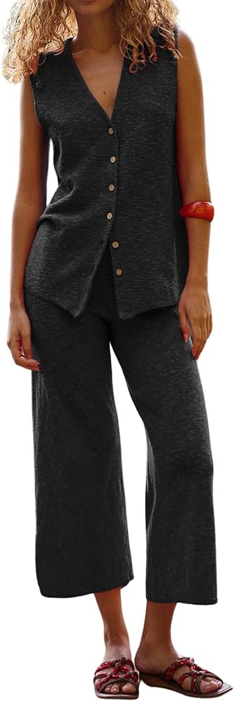 SeekMe Women's 2025 Sweater Set Sleeveless Button Down Vest Wide Leg Pants 2 Piece Outfits Summer... | Amazon (US)