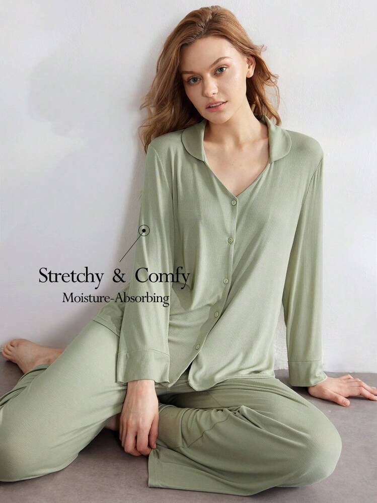 Ocili Leisure Women's Solid Color Long Sleeve Button Up Top And Pants Casual Homewear Lounge Set Holiday Season Cozy Outfit, Fall Winter Clothes | SHEIN