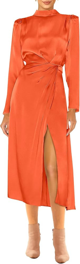 PRETTYGARDEN Women's 2023 Fall Satin Dress Long Sleeve Mock Neck Ruched Side Slit Elegant Silk Cockt | Amazon (US)