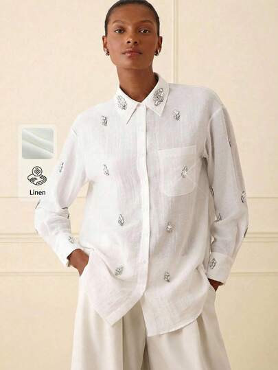 Lilora Women's Elegant Rhinestone Decor Loose Fit Drop Shoulder Long Sleeve Blouse, Suitable For ... | SHEIN