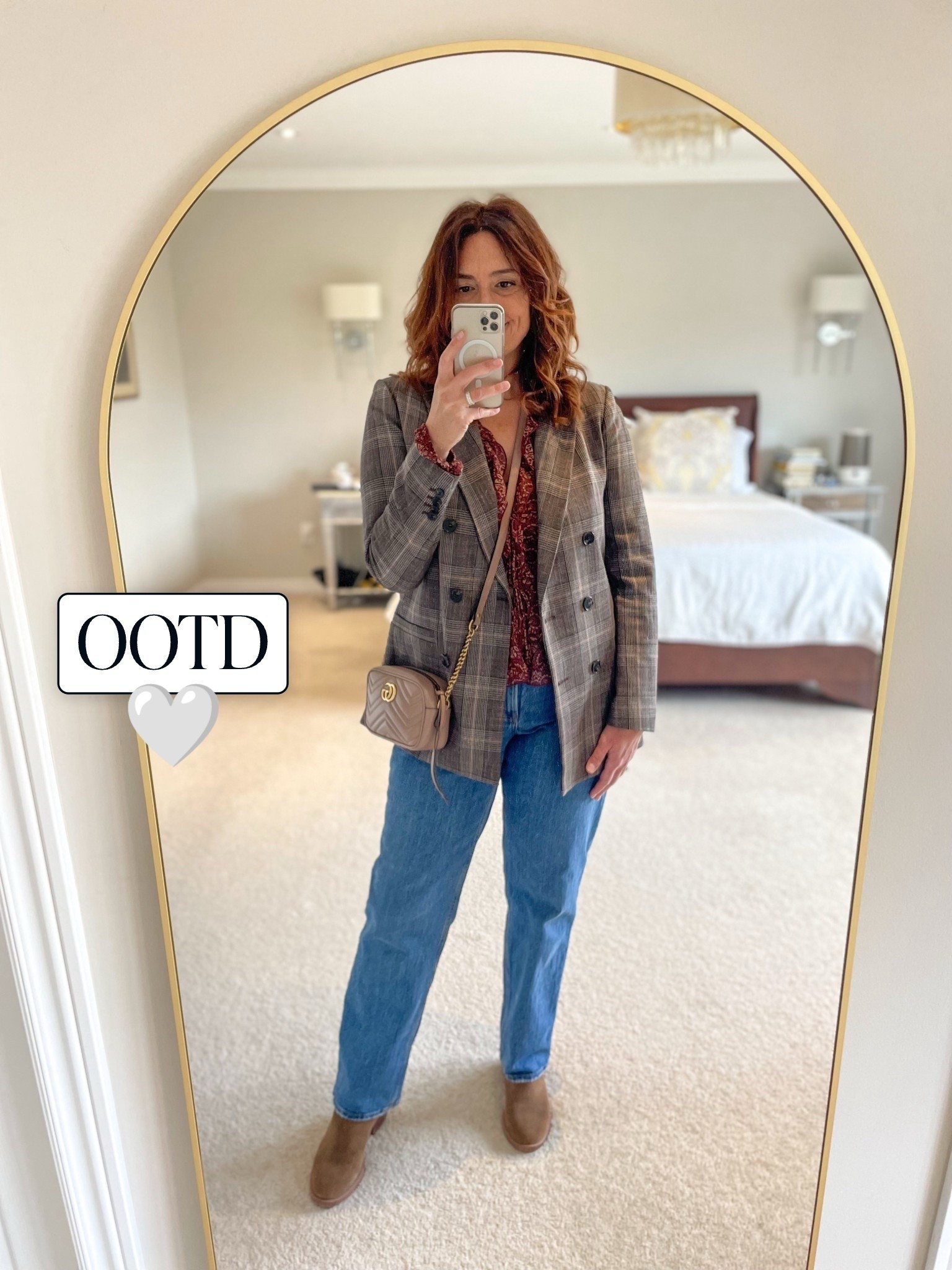 Fall outfit formula: Blazer, blouse, denim 
Wearing a 30 regular in the jeans, could size down for more snug fit if you want 

#LTKover50style #LTKmidsize #LTKjeans