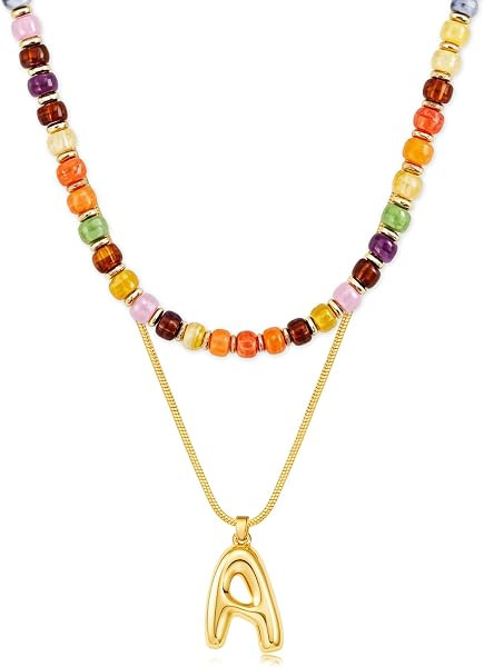 Layered Initial Necklaces for Women, 14K Gold Plated Bubble Letter Pendant Choker with Chunky Ora... | Amazon (US)