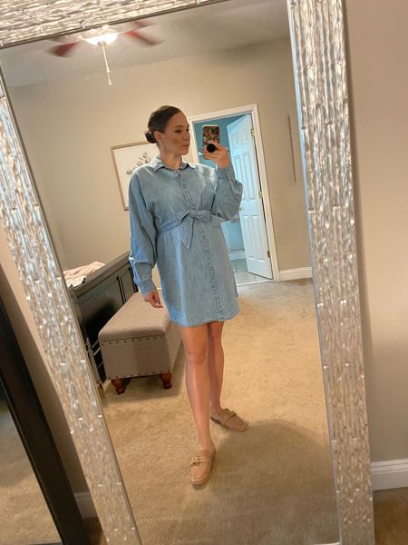 Finally bought some new pre fall clothes that fit me but aren’t maternity!  Loving this denim dress and the open heel loafer trend.

#LTKbump #LTKfindsunder100 #LTKshoecrush