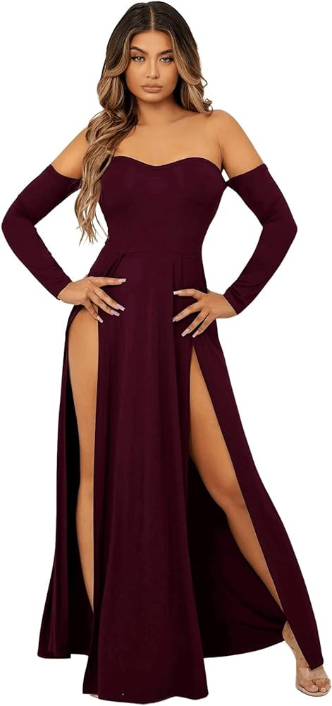 SweatyRocks Women's Elegant Off Shoulder Double High Slit Long Sleeve Dress A Line Maxi Dresses | Amazon (US)