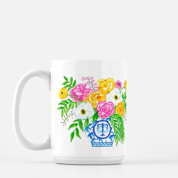 Floral Mug Chinoiserie Blue White Stripe Ginger Jar Vase Flower Arrangement Roses Peony Preppy Pa... | Etsy (US)