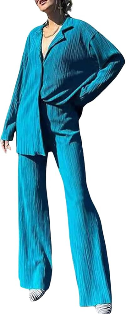 Wide Leg Pants Sets Women 2 Piece Outfits Casual Long Sleeve Button Down Shirt Linen Pants Outfit... | Amazon (US)