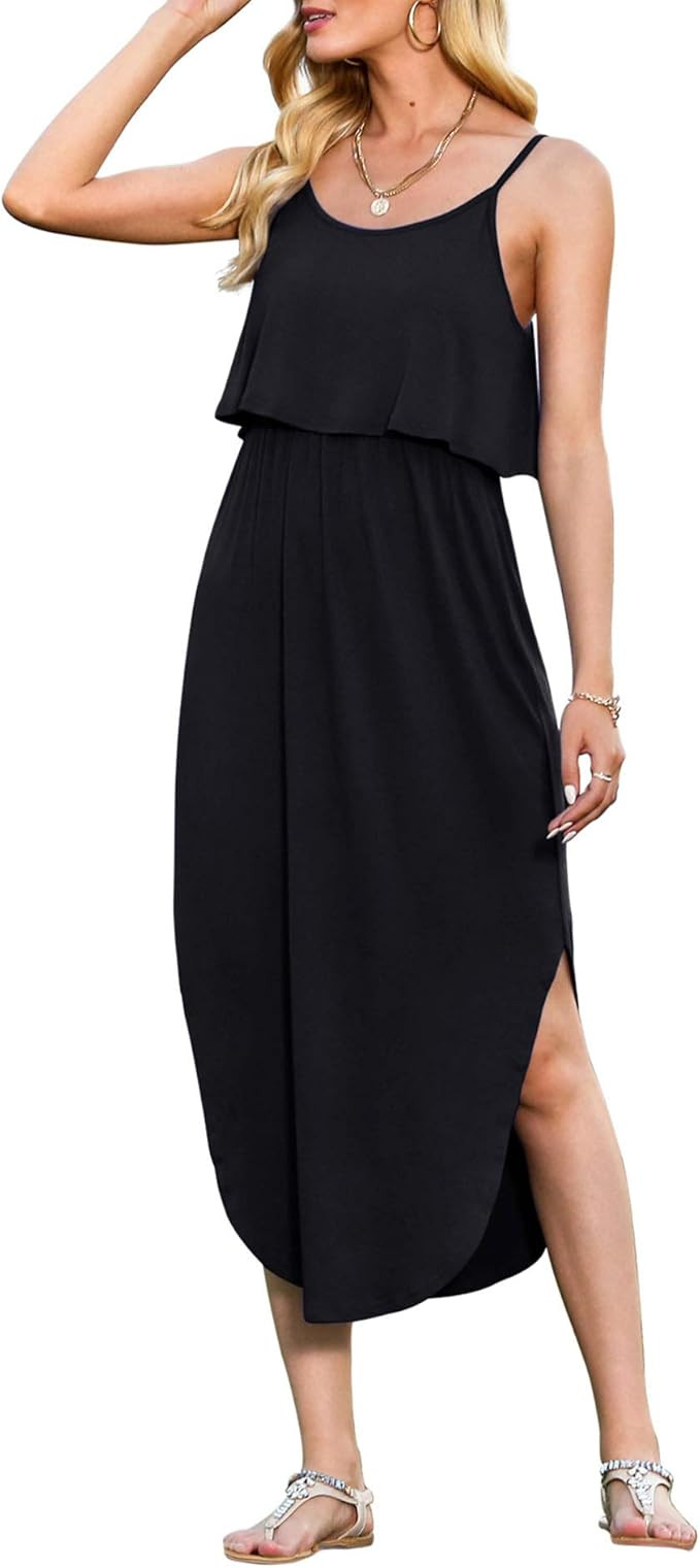 LILBETTER Women's Adjustable Strappy Split Summer Beach Casual Midi Dress | Amazon (US)