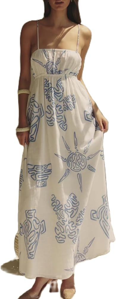 Women Boho Tie Shoulder Maxi Dress Y2k Floral Smocked Long Dress Sleeveless Flowy Summer Beach Su... | Amazon (US)