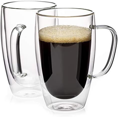 MEWAY 16oz Double Wall Glass Coffee Mugs with Handle,Insulated Coffee Glass,Clear Espresso Cups,Glas | Amazon (US)