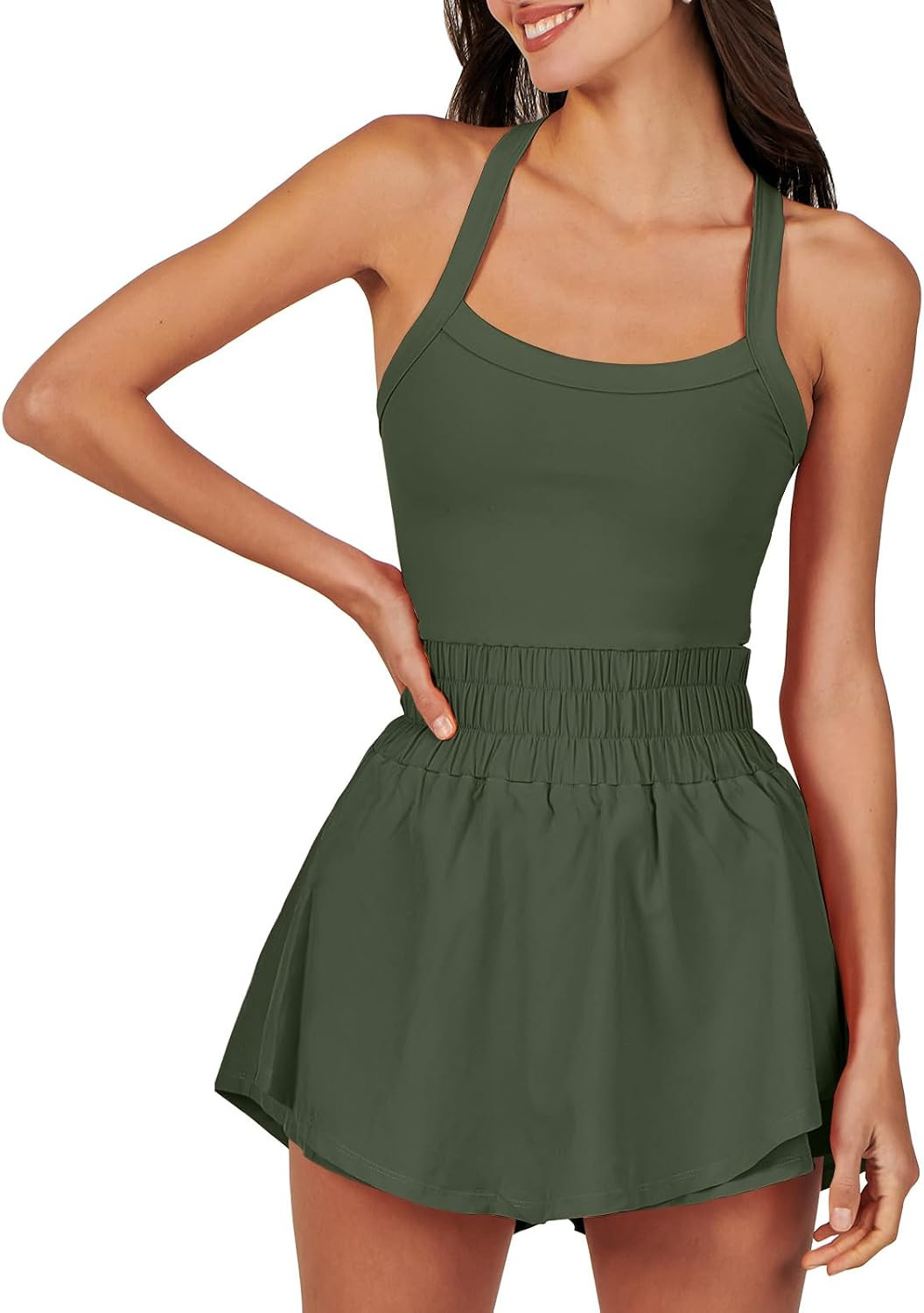 ANRABESS Women's Tennis Dress Shorts Onesie Summer One Piece Outfits Athletic Romper Sleeveless Workout Mini Skort Dress Small, Olive | Amazon (US)