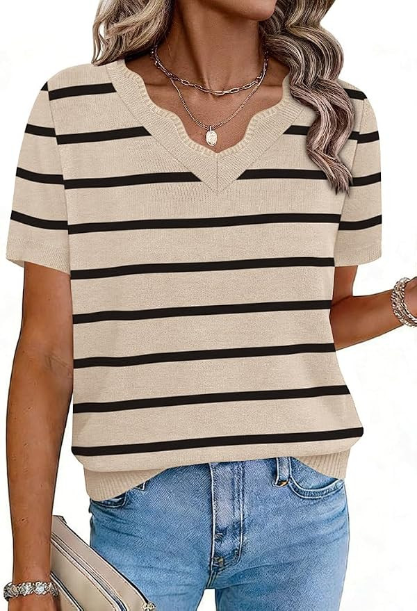 OFEEFAN Short Sleeve Sweater for Women V Neck Lightweight Sweaters Fashion Clothing Business Casu... | Amazon (US)
