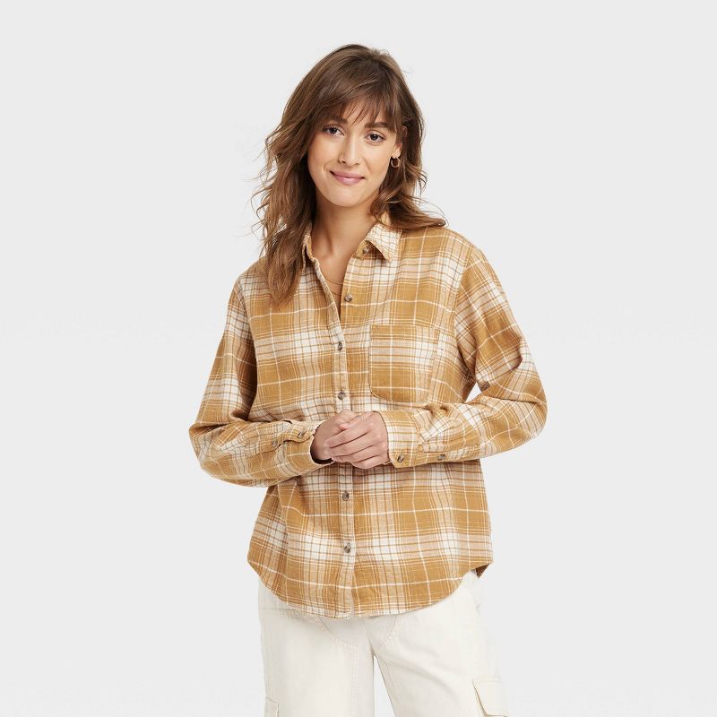 Women&#39;s Relaxed Fit Long Sleeve Flannel Button-Down Shirt - Universal Thread&#8482; Yellow Pl... | Target