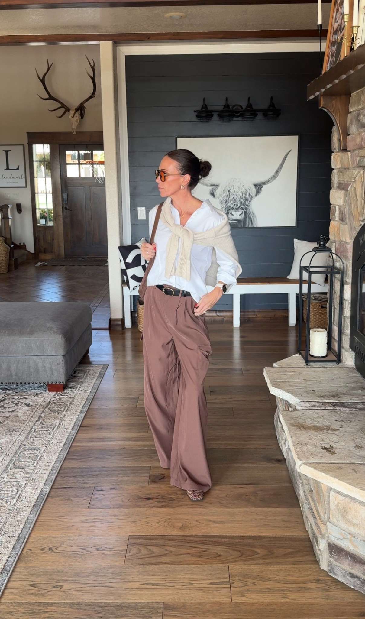 Chocolate brown is the color of the season
Pants: Amazon
Shirt: Amazon
Sweater: old navy 
Shoes, bag & sunnies: Amazon 