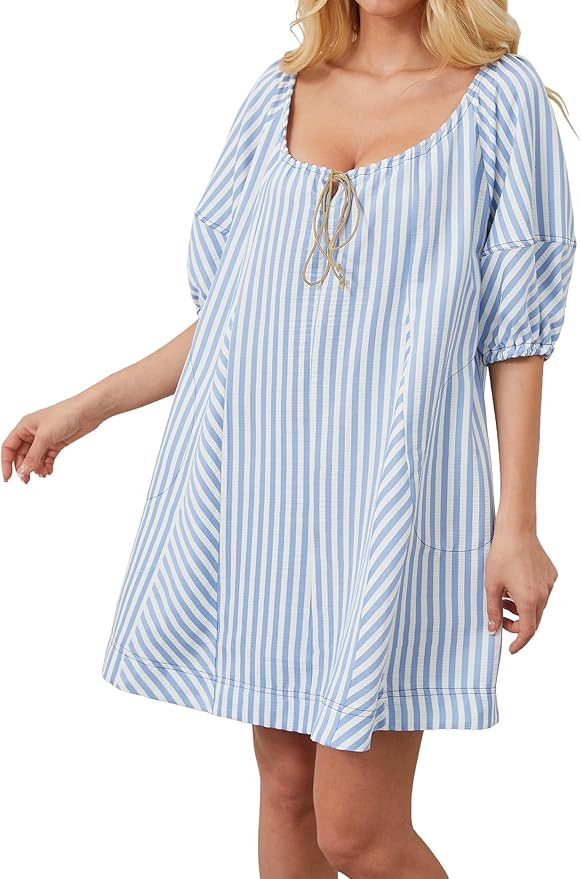 Women Striped Summer Dress with Pockets Casual Loose Puff Sleeve Mini Dress Adjustable V Neck Ove... | Amazon (US)