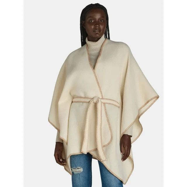 The Pioneer Woman Whipstitch Wrap Ruana with Belt Layering Piece, Buttercream Brownie | Walmart (US)