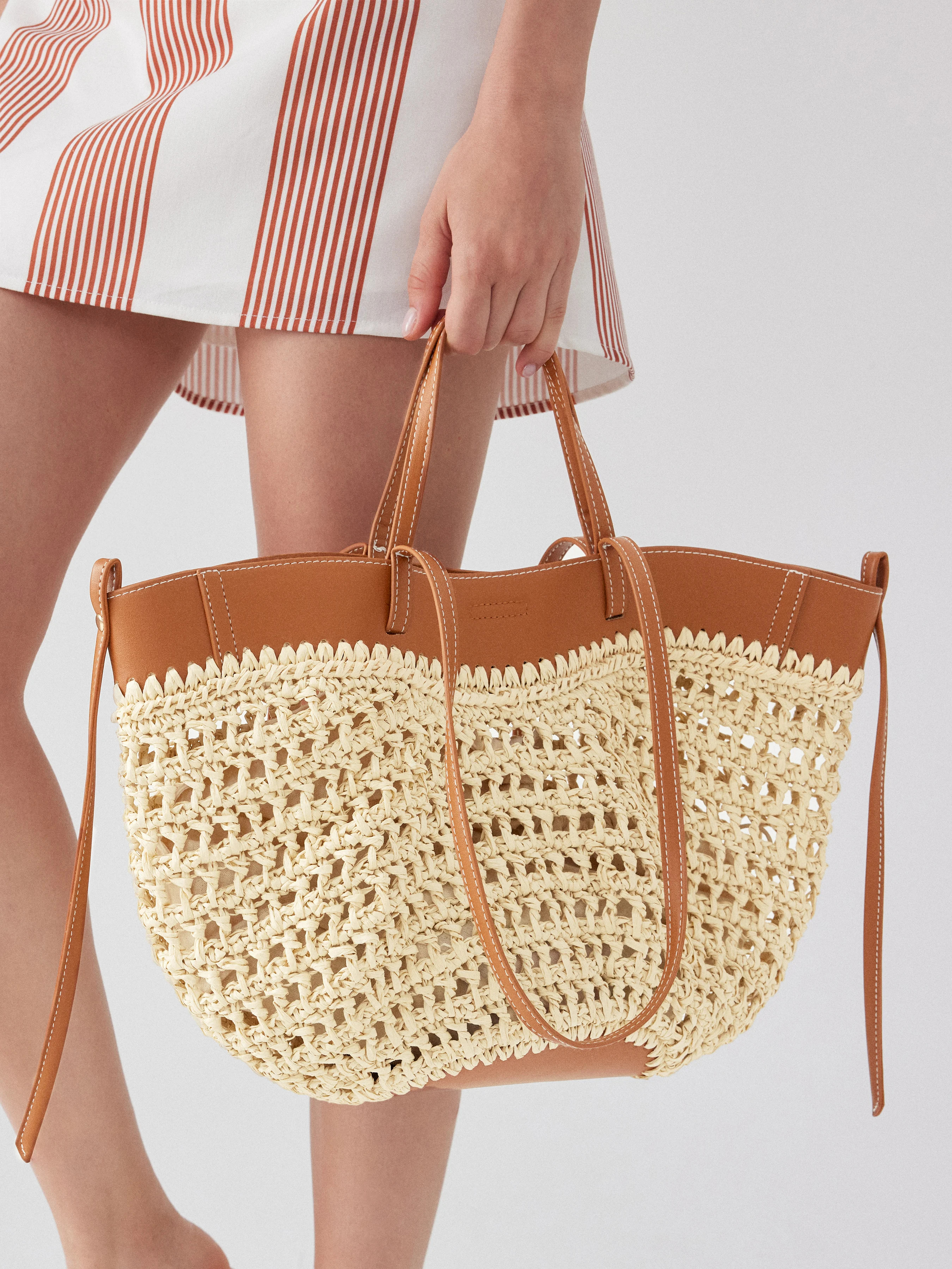 STRAW & FAUX LEATHER TOTE BAG | Cider