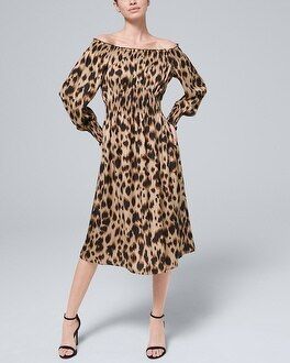 Petite Leopard-Print Smocked Waist Dress | White House Black Market