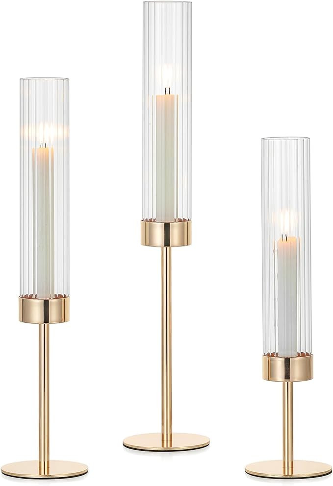 Hewory Gold Taper Candle Holders: Candlestick Holders Set of 3 Hurricane Glass Tall Candle Holder... | Amazon (US)
