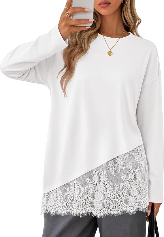 MEROKEETY Women's Long Sleeve Tops Fall 2026 Lace Patchwork Casual Shirts | Elegant Asymmetrical ... | Amazon (US)