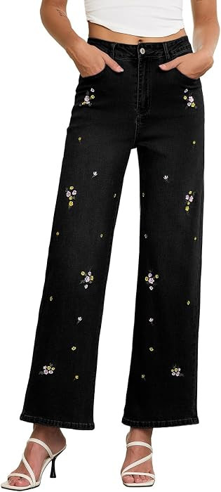 Sidefeel Women's Straight Leg Jeans Embroidered Denim Pants with Pockets     High Waisted Jeans, ... | Amazon (US)