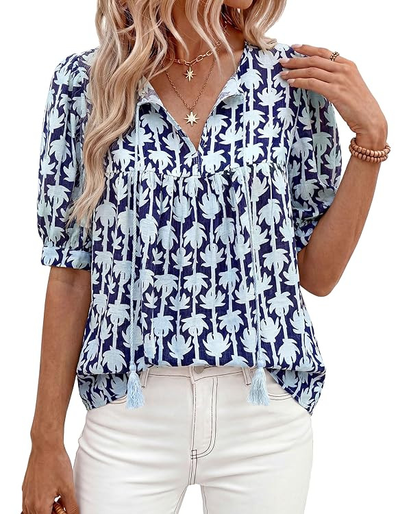 PRETTYGARDEN Womens Summer Boho Tops 2026 Vacation Outfits Casual Tie Front V Neck Peasant Blouse... | Amazon (CA)