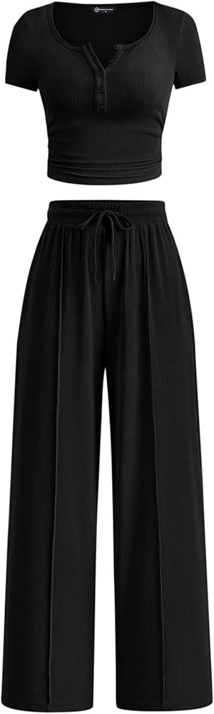PRETTYGARDEN Womens 2 Piece Outfits 2025 Summer Ribbed Knit Button Short Sleeve Tops Casual Wide ... | Amazon (US)