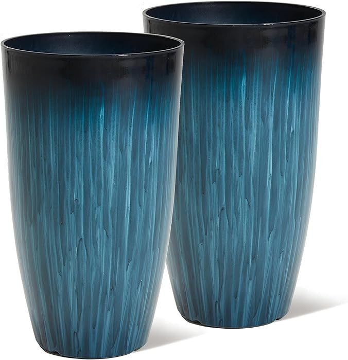 Worth Garden 23.5" Tall Plastic Planters Set of 2 with Drainage Holes, Gradient Blue Glossy Finis... | Amazon (US)