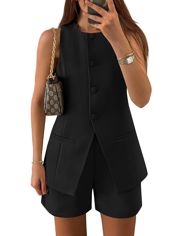 ZESICA Women's 2025 Summer 2 Piece Short Sets Sleeveless Crew Neck Suit Vest Tops High Waist Shor... | Amazon (US)