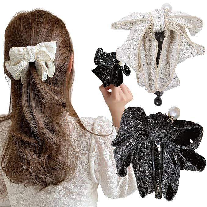 2Pcs Bow Banana Hair Clips Bowknot Vertical Ponytail Holder Claw Clips Black White Plaid Pearl Ha... | Amazon (US)