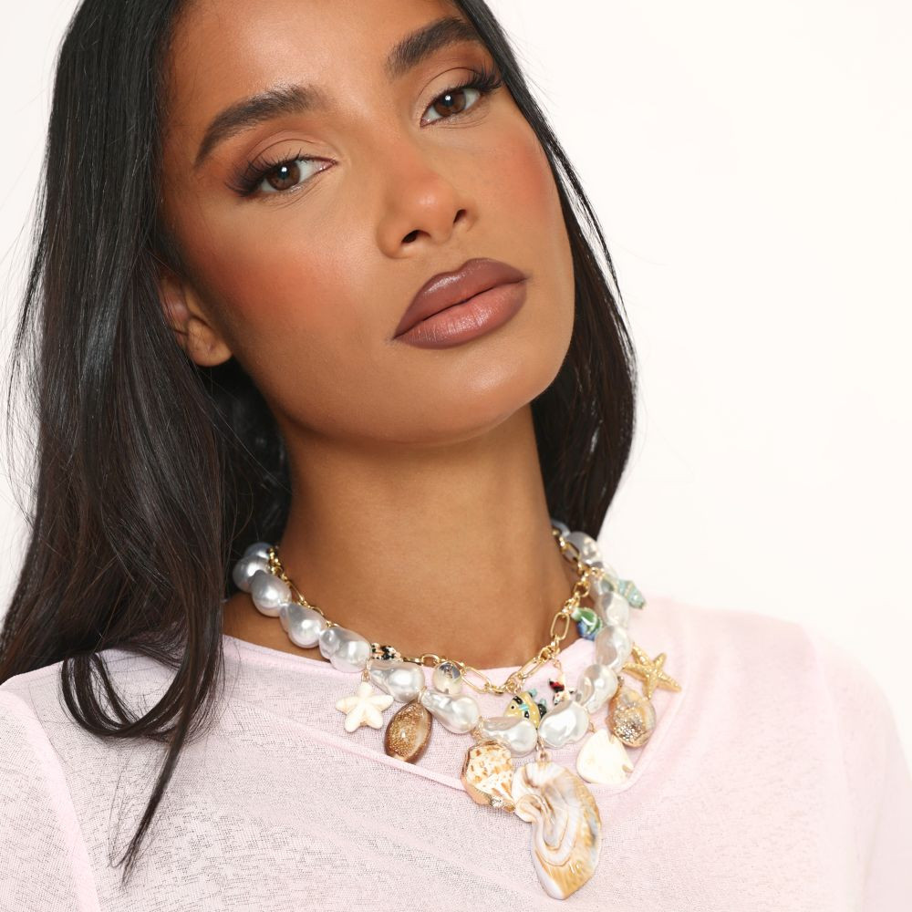 Oversized Shell Detail Multi Charm Necklace In Gold | EGO (UK)