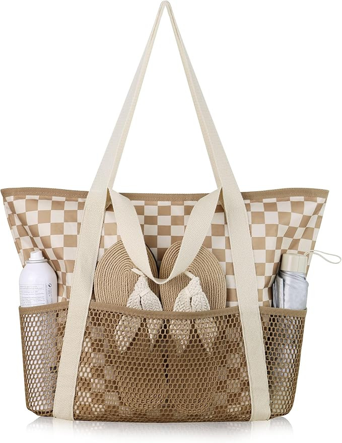 HOMESPON Beach Bag Large Waterproof Sandproof Foldable Tote for Women with Zipper Mesh Pockets fo... | Amazon (US)