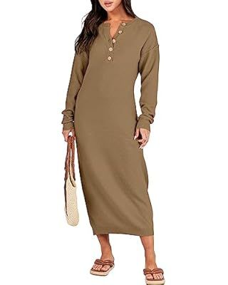 Nfsion Womens Sweater Dress Long Sleeve Button V Neck Oversized Casual Loose Waffle Knit Sweater ... | Amazon (US)