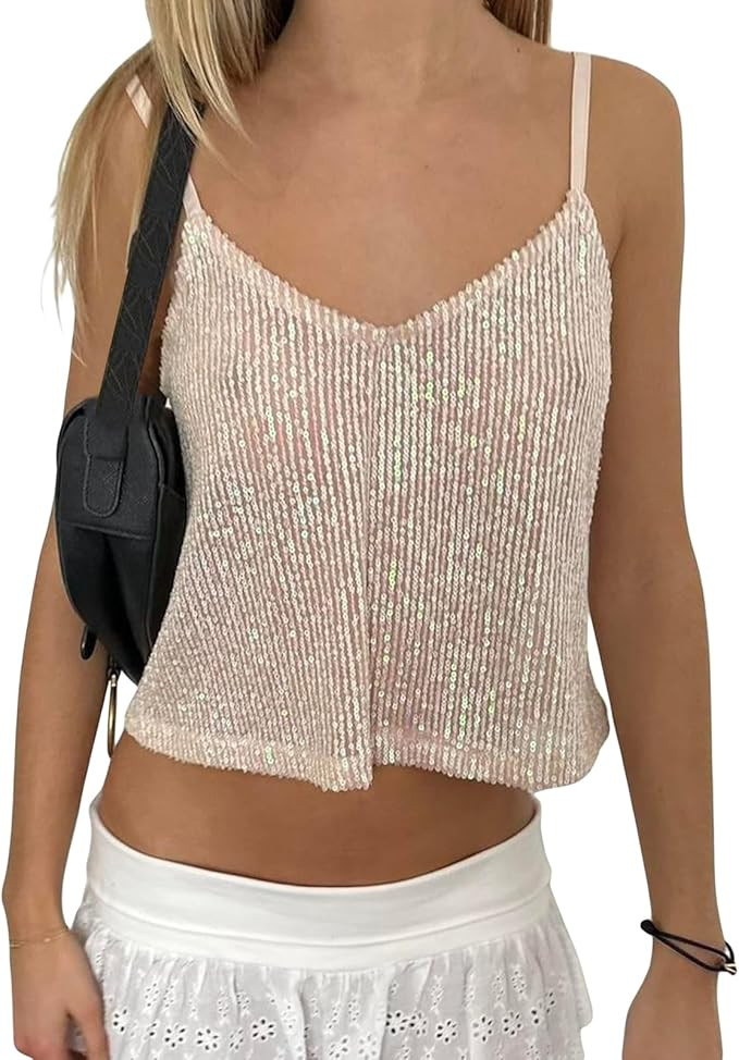 Women Sequin Cami Top Spaghetti Strap Sleeveless Camisole Sparkle Glitter Party Clubwear Top | Amazon (US)