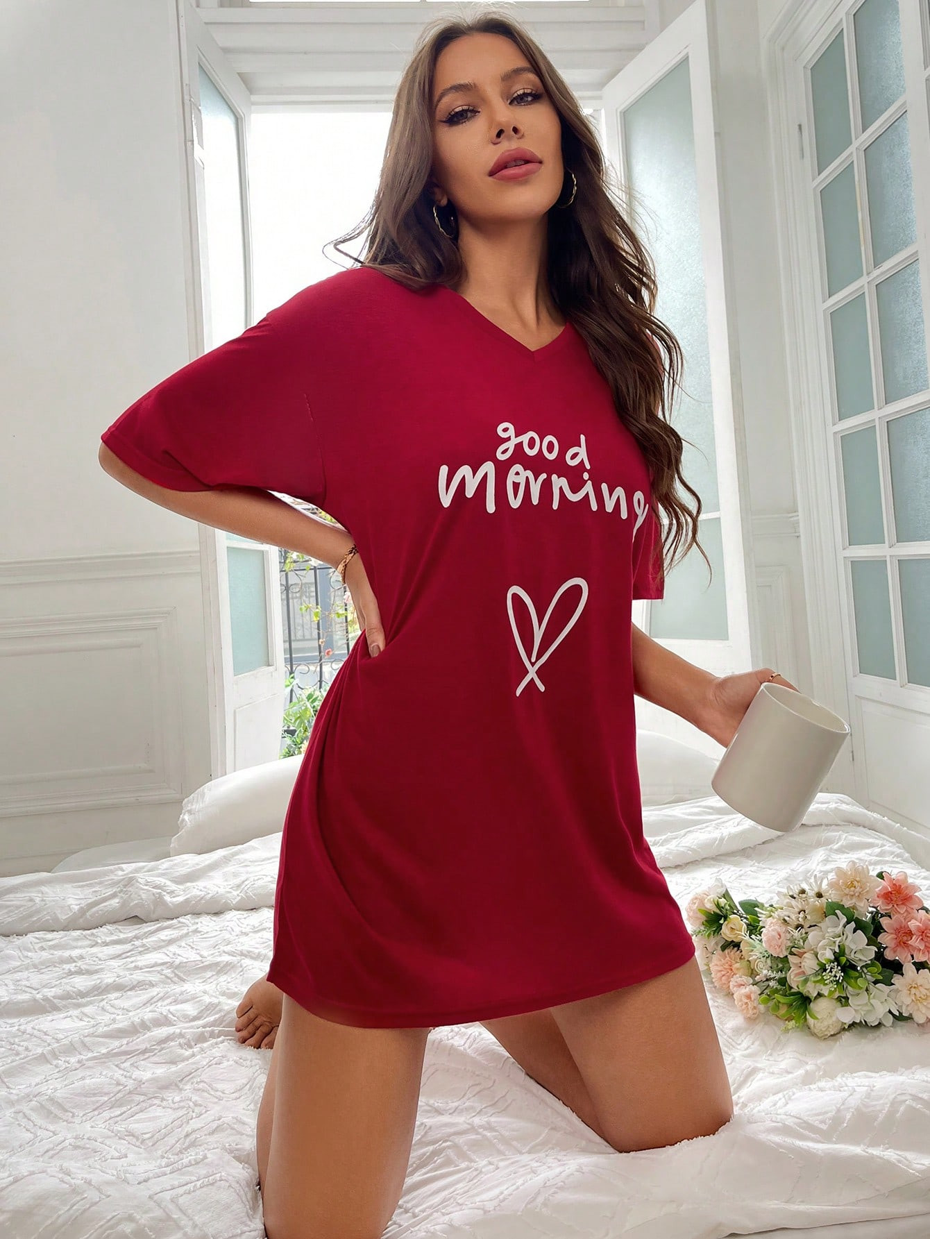 Heart & Slogan Graphic Drop Shoulder Nightdress | SHEIN
