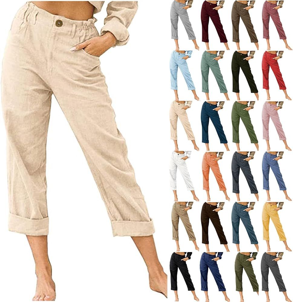 Women Capri Pants 2024 Summer Trendy Linen Cropped Trouser with Pockets Beach Casual Cruise Fashi... | Amazon (US)