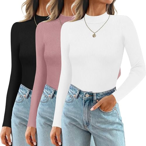 Ekouaer 3 Pack Mock Turtlenecks Tops for Women Long Sleeve Ribbed Shirts Thermal Slim Fit Lightweight Undershirts Pink/White/Black XXL | Amazon (US)