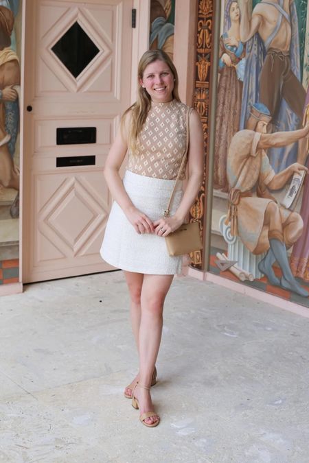 Sleeveless mock neck blouse with white tweed Boucle skirt and sandals. Florida fall outfit idea  

#LTKstyletip #LTKSeasonal
