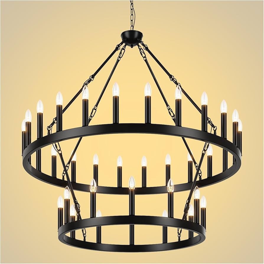 Black Wagon Wheel Chandelier 2 Tier 36-Lights 48 Inch Extra Large Farmhouse Light Fixture, Round ... | Amazon (US)