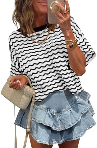 Tankaneo Womens Short Sleeve Sweater Striped Cropped Sweaters 2026 Summer Casual Crewneck Lightwe... | Amazon (US)