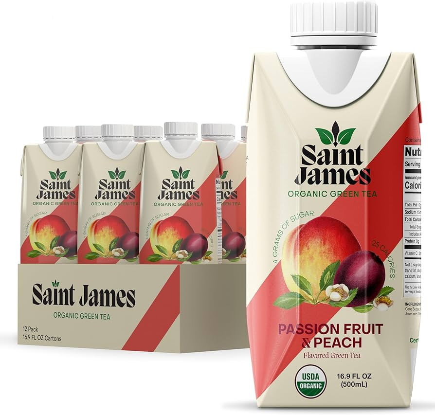 Saint James Iced Tea | Passion Fruit & Peach Organic Green Tea | Organic, Non-GMO Green Tea, 12 Pack (16.9oz each) | Amazon (US)