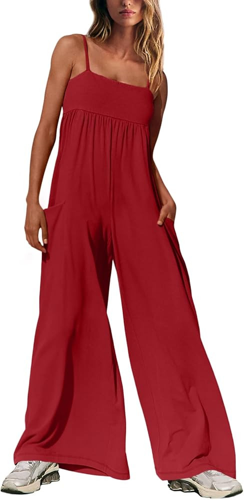 Jumpsuits for Women Casual Spaghetti Strap Wide Leg Rompers Loose Fit Overalls with Pockets Beach... | Amazon (US)