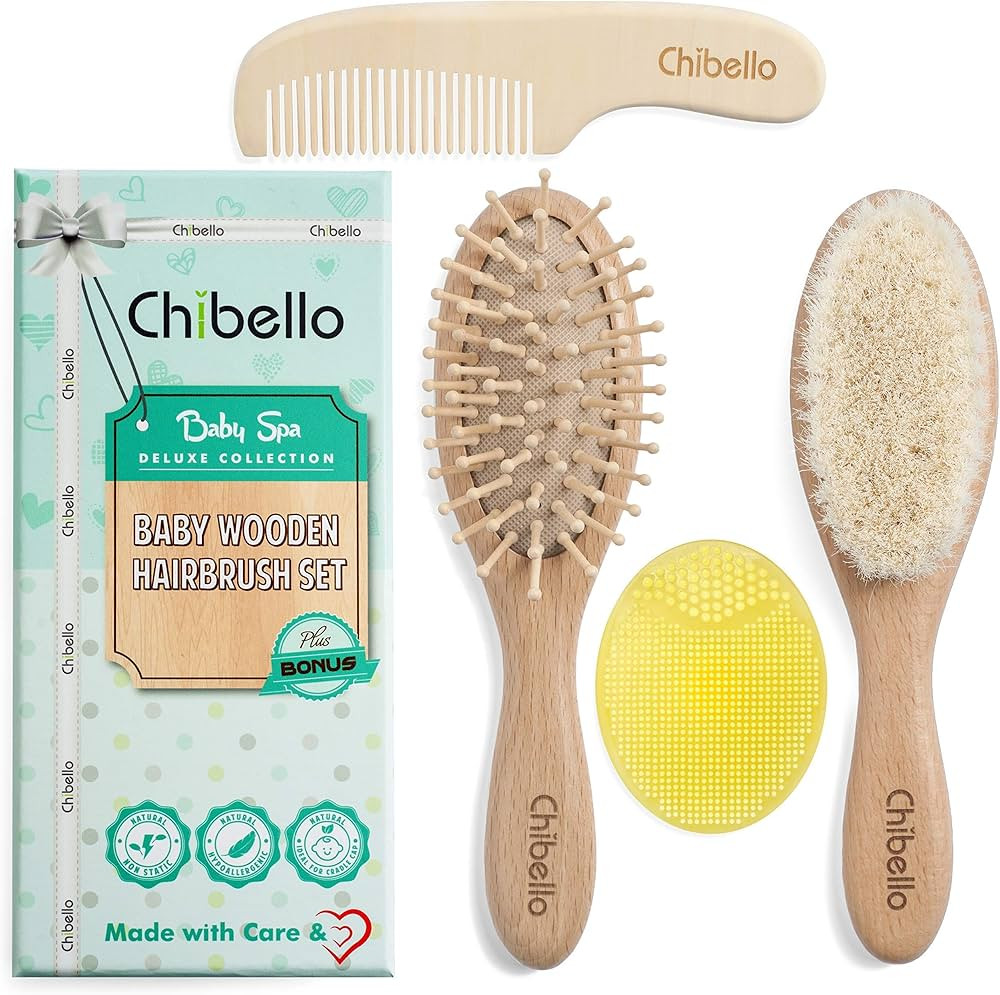 Chibello 4 Piece Wooden Baby Hair Brush and Comb Set Natural Goat Bristles Brush for Cradle Cap T... | Amazon (US)