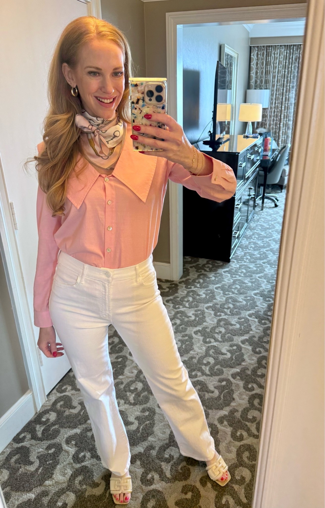 This pink oversized collar blouse is so fun and great quality! 
Favorite white Mother jeans and cute scarf.

#LTKootd #LTKTravel #LTKWorkwear