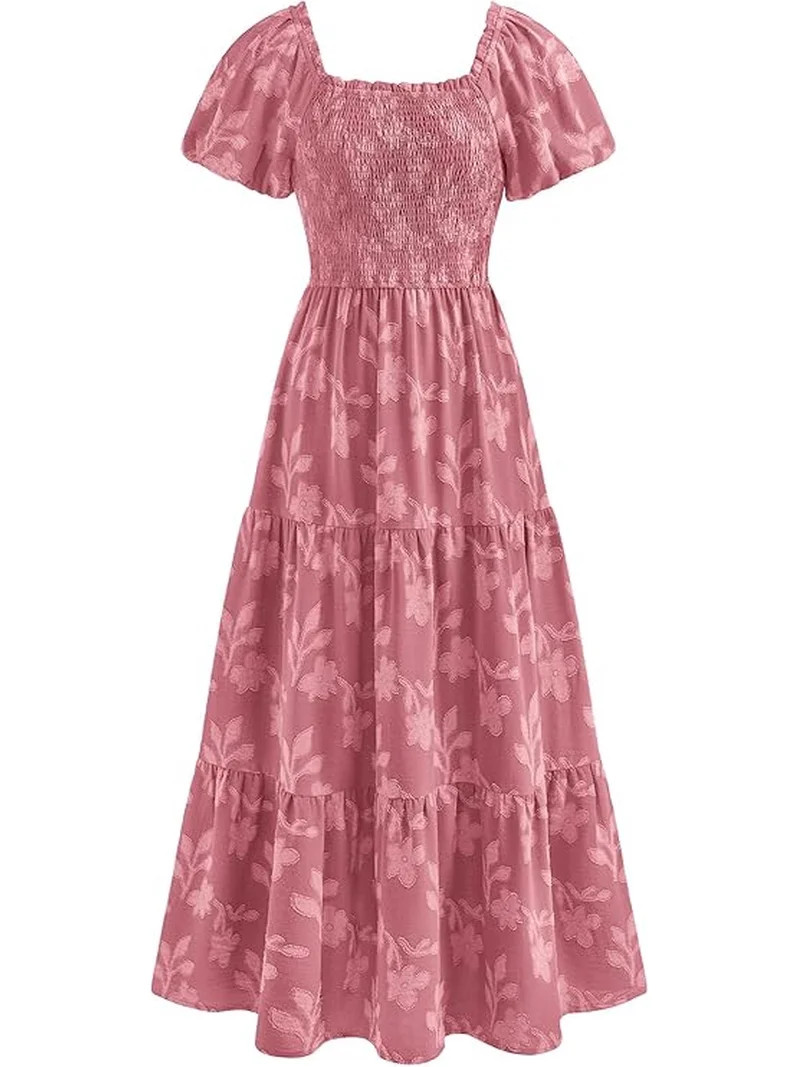 PRETTYGARDEN Women's Summer Boho Maxi Dresses Floral Short Sleeve Square Neck Smocked Flowy Long ... | Walmart (US)