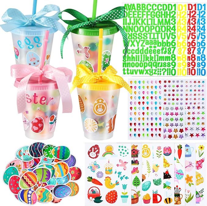 24 Pcs Easter Gifts for Kids Includes 16oz Plastic Bunny Cups with Straw and Lid Egg Stickers Gem... | Amazon (US)