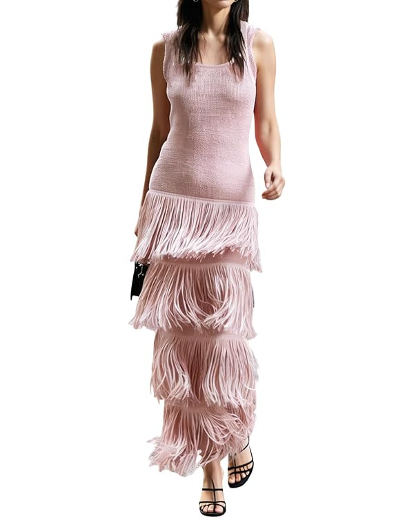 LAJIOJIO Women's Sleeveless Crochet Knit Dress Tassel Fringe Hem Casual Sweater Party Vacation Ma... | Amazon (US)