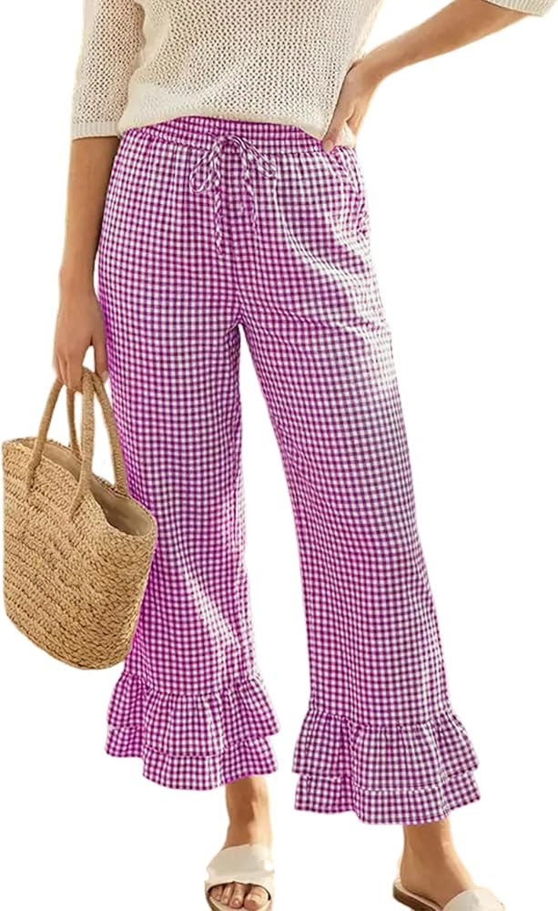Faleave Women's Gingham Wide Leg Pants Summer Ruffle Hem Drawstring High Waist Trousers Beach Vac... | Amazon (US)